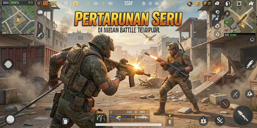Screenshot gameplay 555F menampilkan aksi seru di medan tempur Battle Royale.