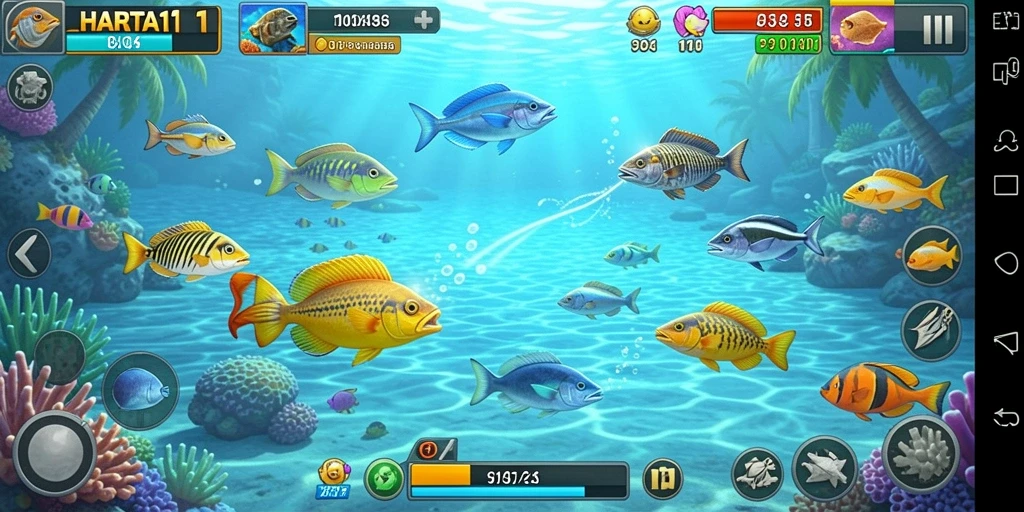 Screenshot gameplay HARTA11 menampilkan serunya menembak berbagai jenis ikan.